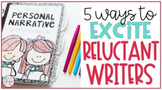 composition notebook with text overlay 5 ways to excite reluctant writers