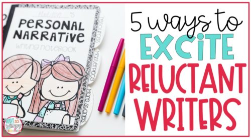 composition notebook with text overlay 5 ways to excite reluctant writers