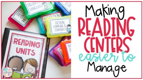 brightly colored task card boxes with text overlay making reading centers easier to manage
