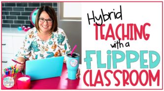 smiling teacher with laptop and text overlay hybrid teaching with a flipped classroom