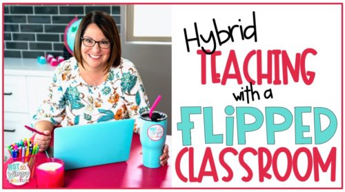 smiling teacher with laptop and text overlay hybrid teaching with a flipped classroom