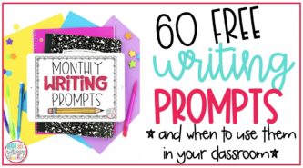 composition notebook and ipad displaying 60 free writing prompts
