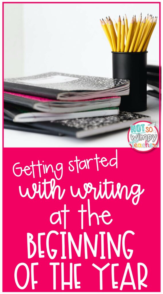 Pin for Getting Started with writing workshop in the beginning of the year with notebooks and pencils in cup