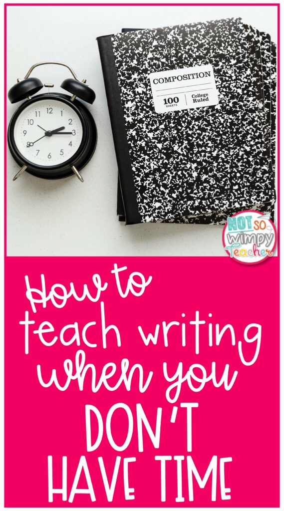 Pin for How to teach writing when you don't have time featuring composition notebook and alarm clock