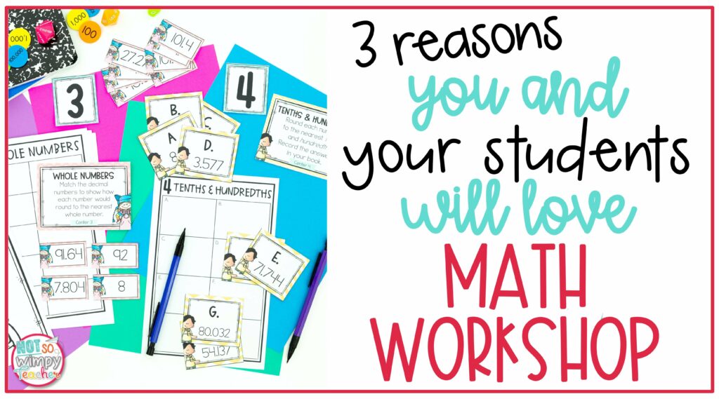 Math Task cards and answer sheets on cover image of 3 Reasons You and Your Students Will Love Math Workshop