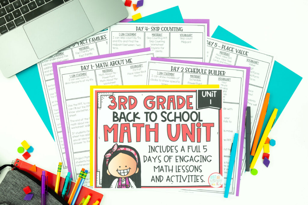 Cover page of third grade math curriculum back to school unit with lessons plans, flair pens and shapes I the background