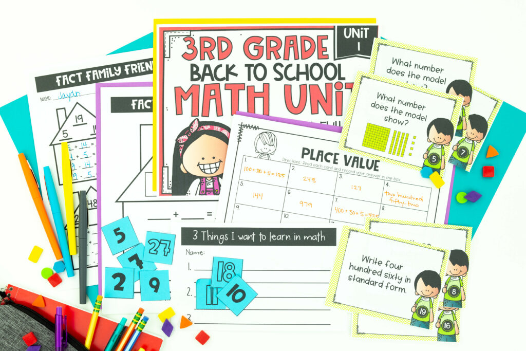 Third Grade Back to School Math Unit printable including place value task cards, fact families and 3 Things I want to Learn in Math printable