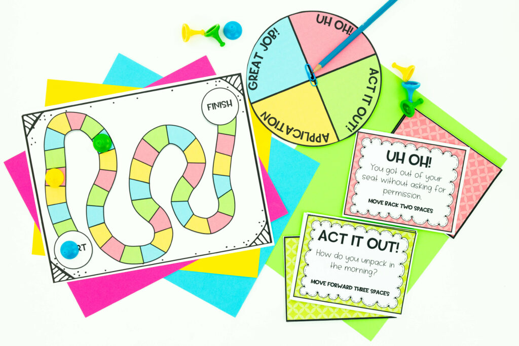 Back to school procedures with game board, spinner and cards