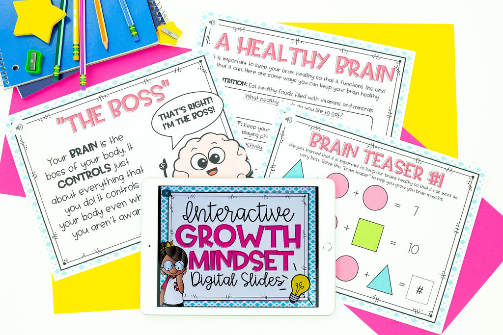 Growth mindset activity on iPad with printable about the "The Boss" brain, brain teasers, and a healthy brain