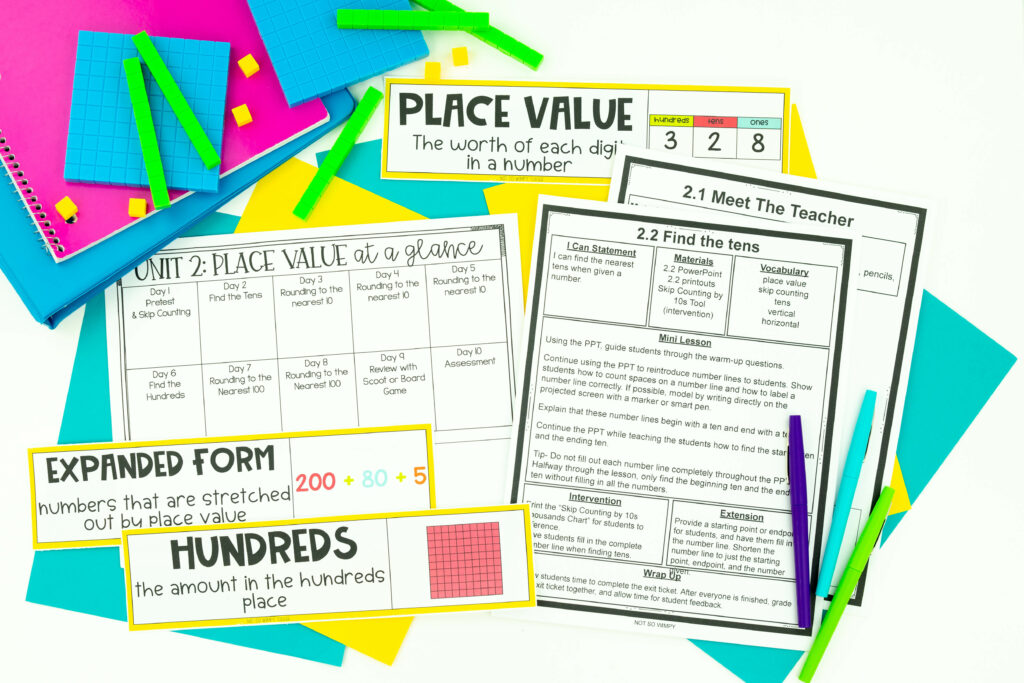 Third grade math curriculum place value unit showing at a glance schedule, lesson plans, meet the teacher plans, and vocabulary cards