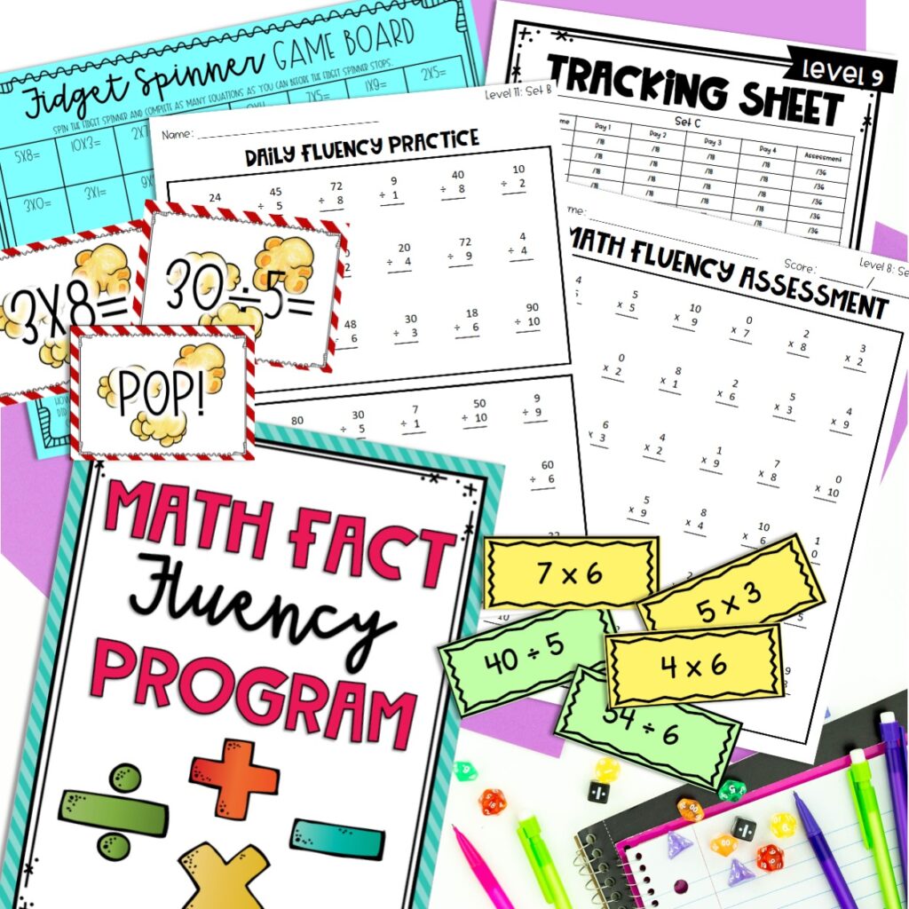 Math fact fluency activities including games, problem sets, flash cards, dice and pencils