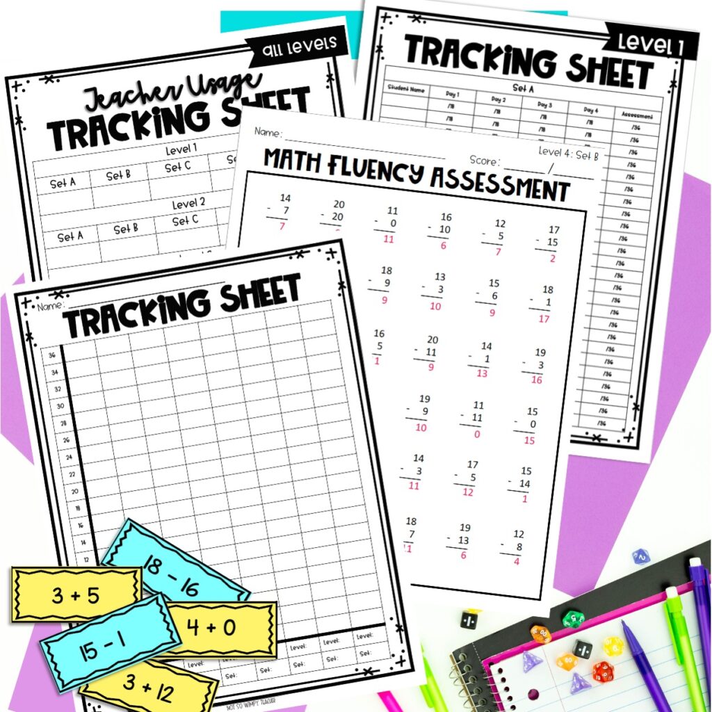 Tracking sheets, answer sheets, problem sets and flash cards