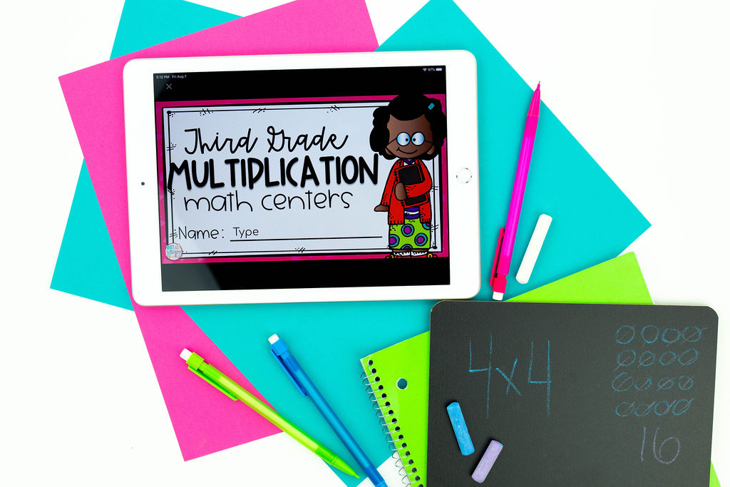 Multiplication math centers are available in printable or digital format