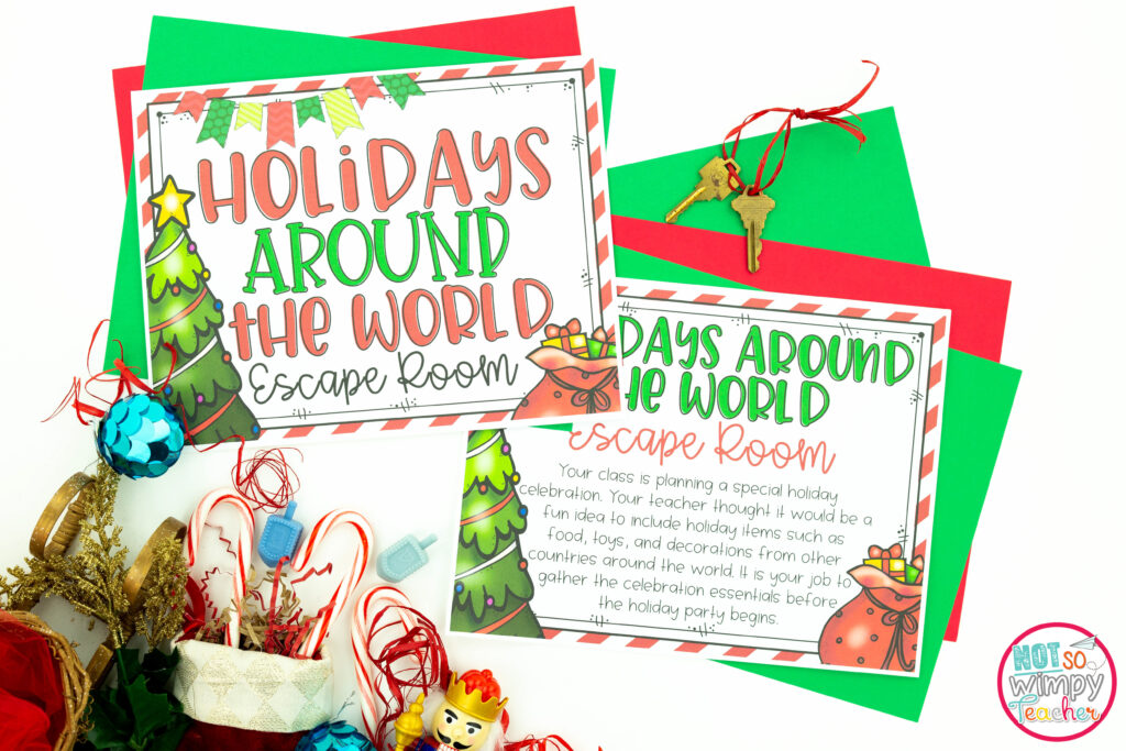 holidays around the world escape room cover sheet with stocking and candy canes