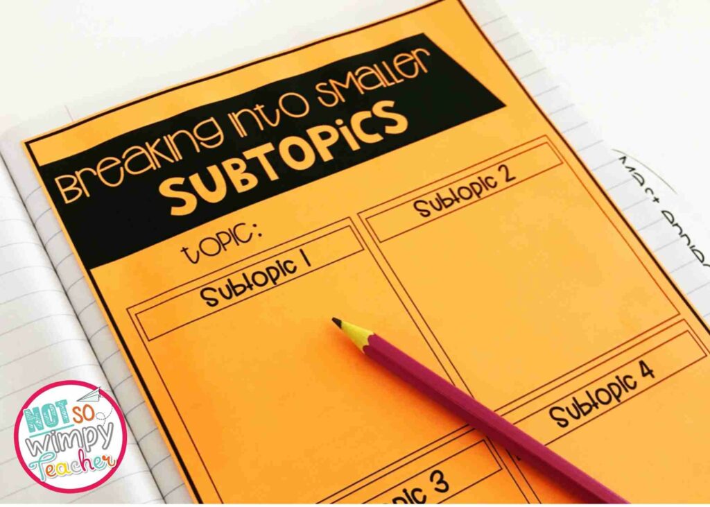 Notetaking printable for teaching informational report writing on orange paper