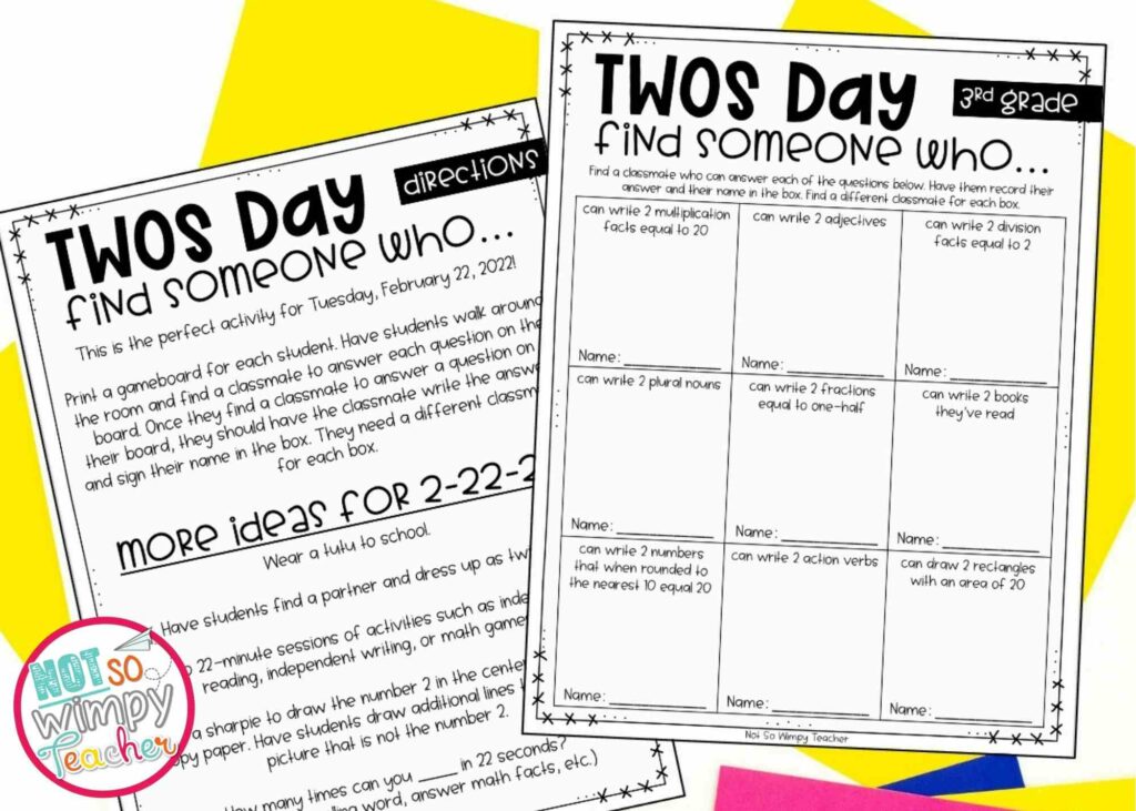 Twos Day freebie Find Someone Who activity on yellow background