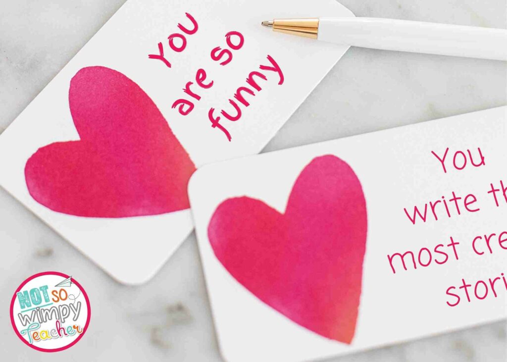 Little note cards with hearts and kind sayings are a simple idea for a classroom valentine's day party