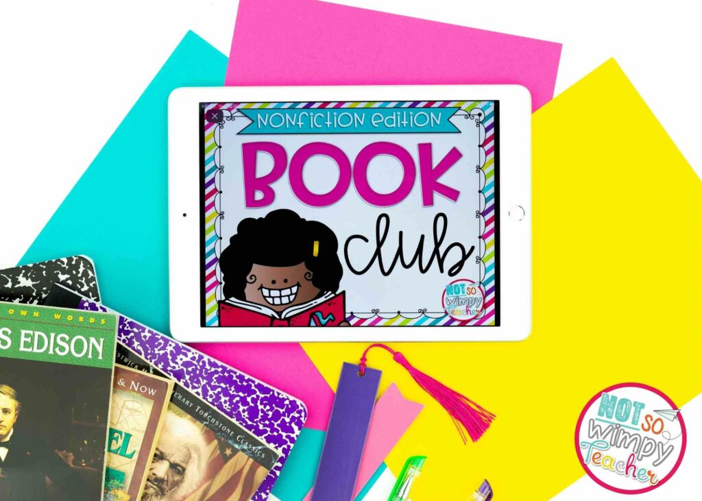 Book Clubs cover page on an iPad with books, and a botebook