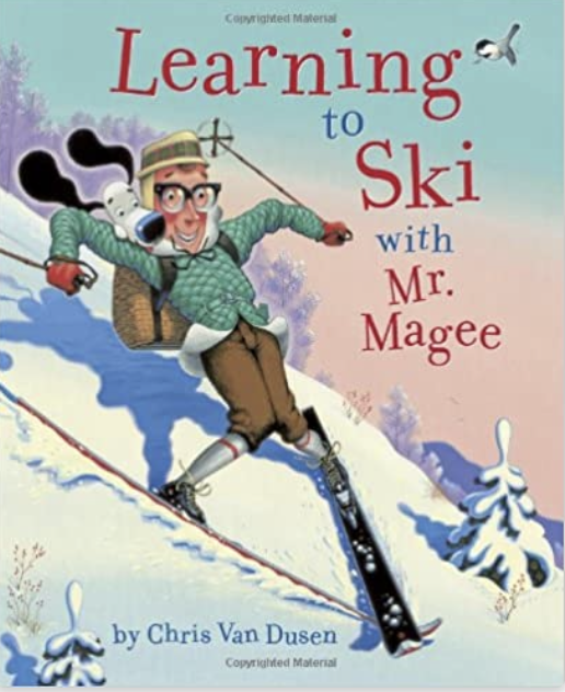 Learning to Ski with Mr. Magee book cover man skiing dangerously downhill
