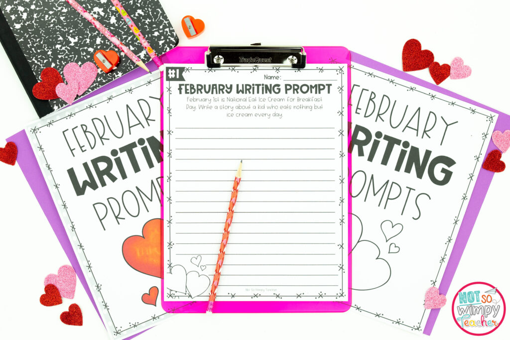 Writing prompts include fun ideas for a simple Valentine's Day party