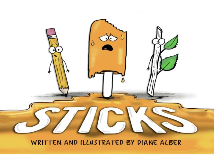 Start Read Across America week with Sticks, cover image shows a melting orange popsicle, a pencil and a stick