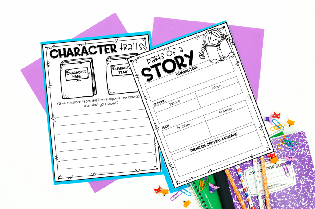 Book clubs worksheets for character traits and parts of story on a purple background