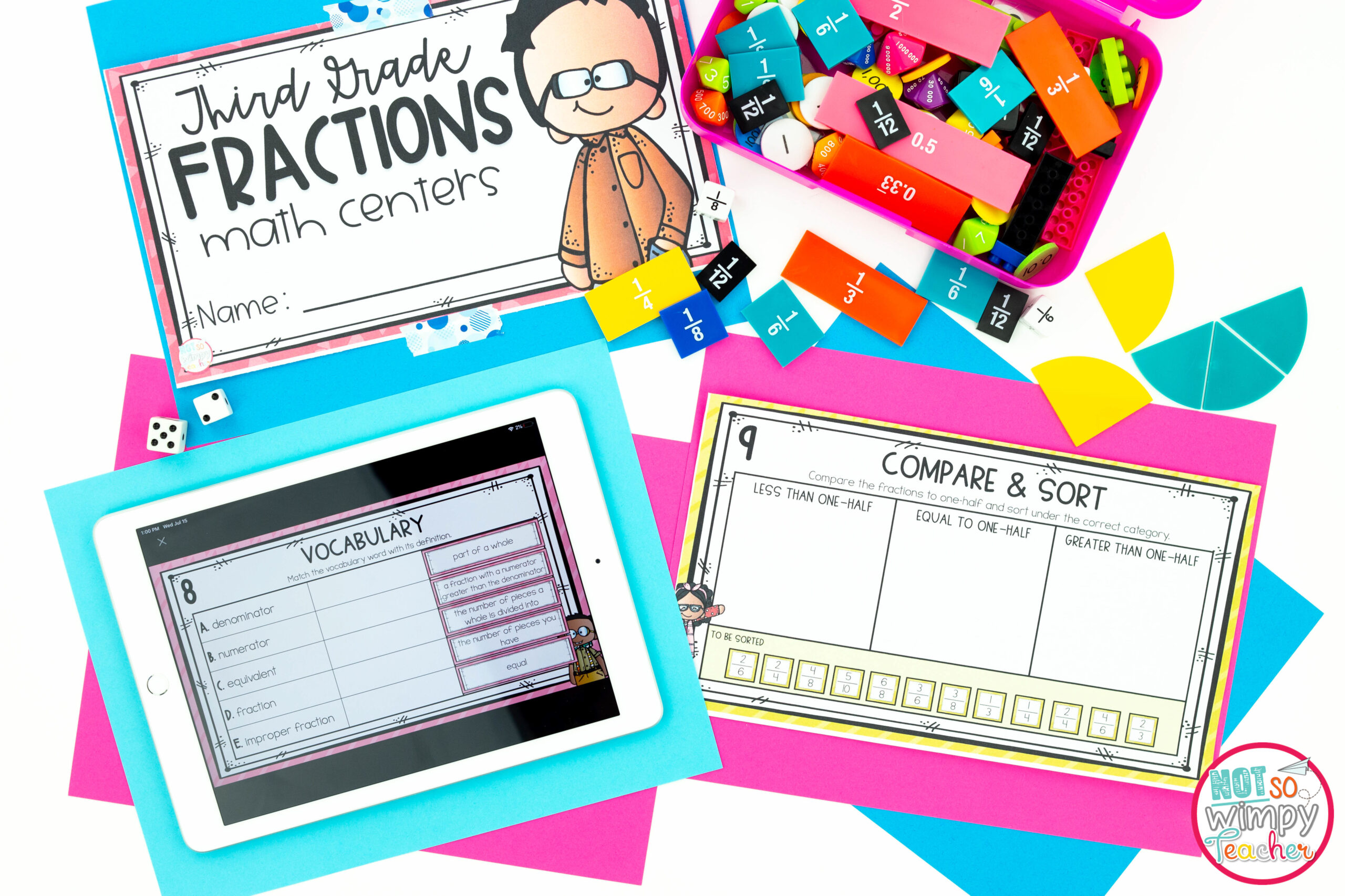 Image shows a digital and paper version of a math center with manipulatives. Manipulatives are great to use in math centers.