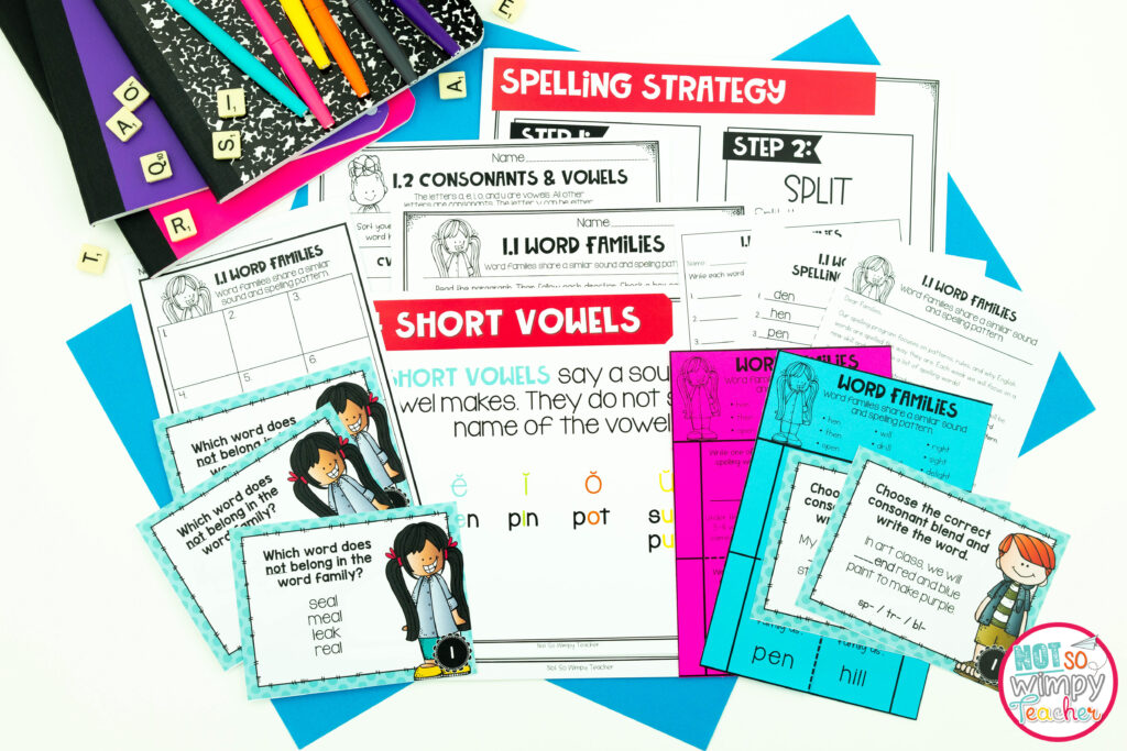 Our 3rd grade spelling curriculum features lots of resources and activities to make teaching spelling easy; photo shows tasks cards, PowerPoint mini lesson, interactive notebooks activities and more