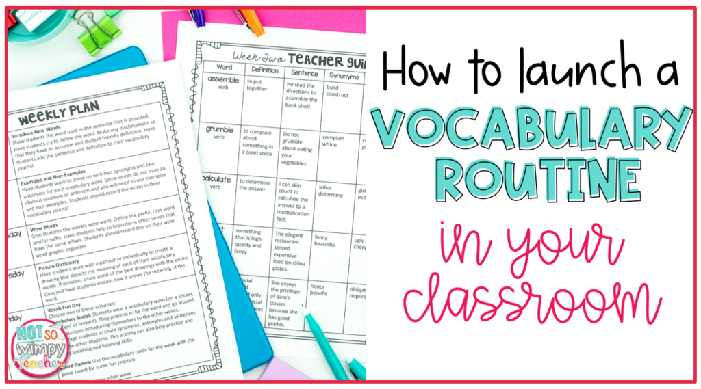 Image says "how to launch a vocabulary routine in your classroom". Picture shows weekly vocabulary plan.