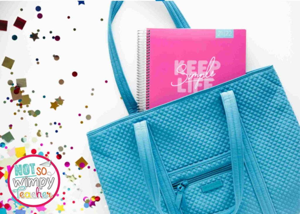 Aqua beach bag and planner to keep track of your teacher summer bucket list