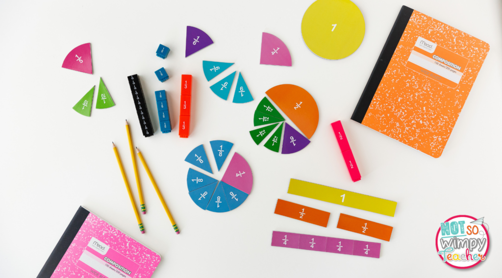 Image of several math manipulatives with composition notebooks.