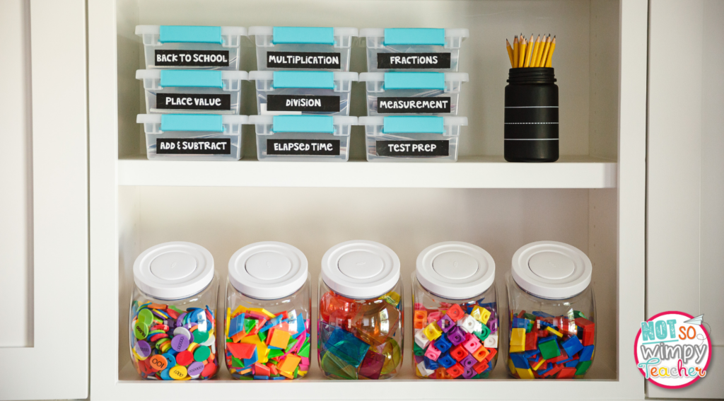 Image shows math manipulatives inside several organization methods.