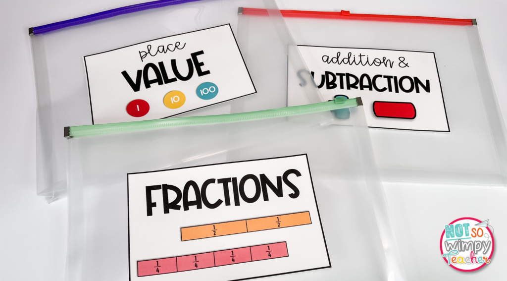 Image shows how to organize math materials using pencil punches and labels.