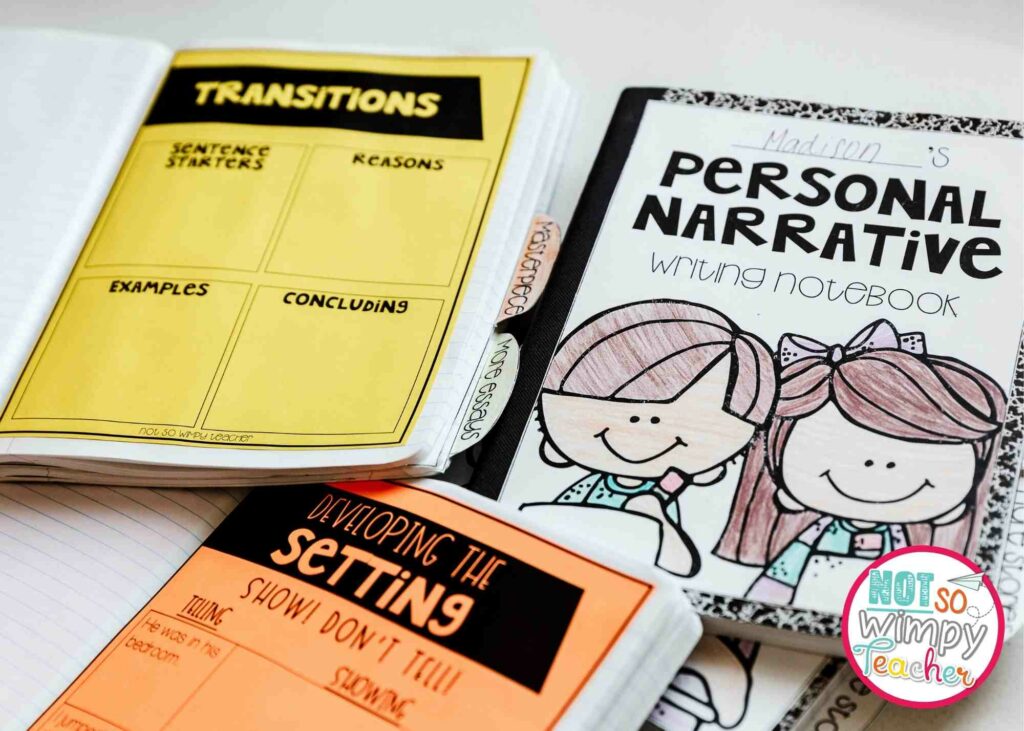 Images shows three writing journals. One shows the personal narrative cover, another shows a transition anchor chart, and the last has a develop the setting chart.