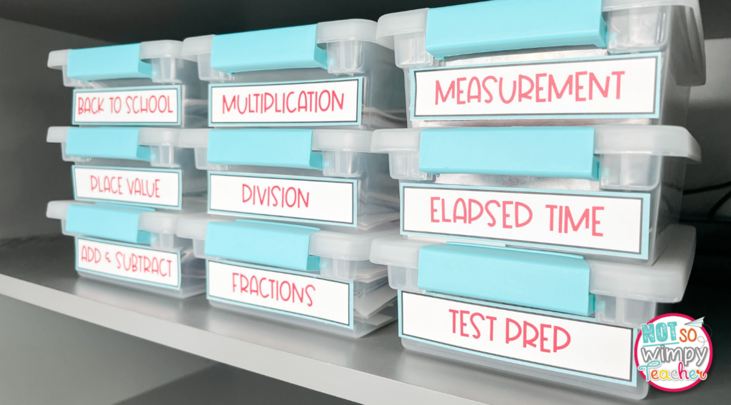 Image shows how to organize math materials inside plastic bins.