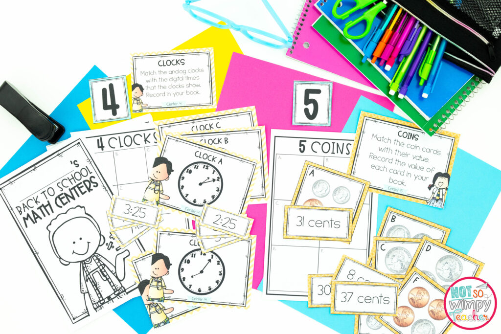 Back to school math centers have a simple format and student friendly directions