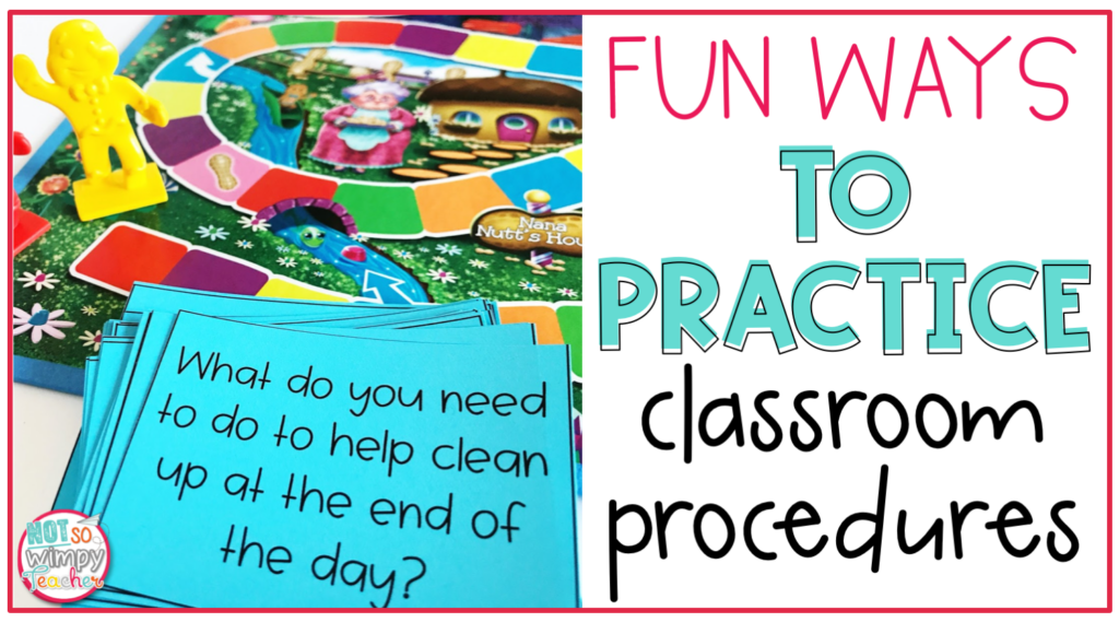 Image with a board game that says, "fun ways to practice classroom procedures".