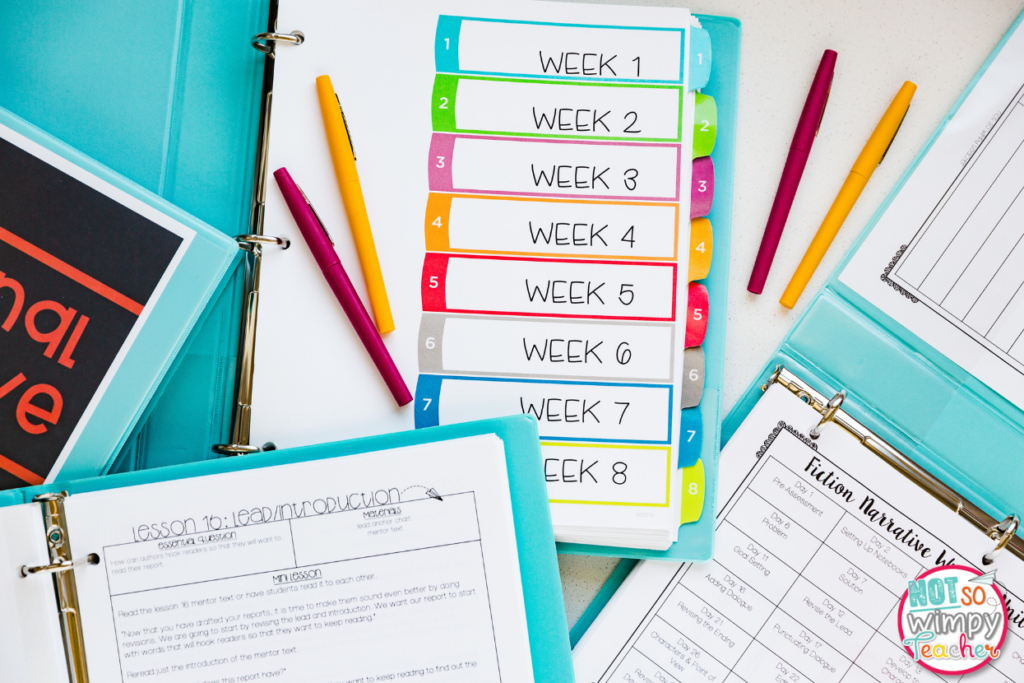 Image shows a binder with writing lesson plans.