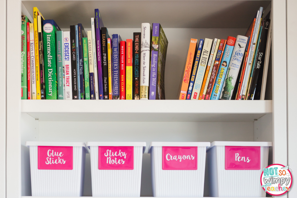 Image shows children's books and storage bins.