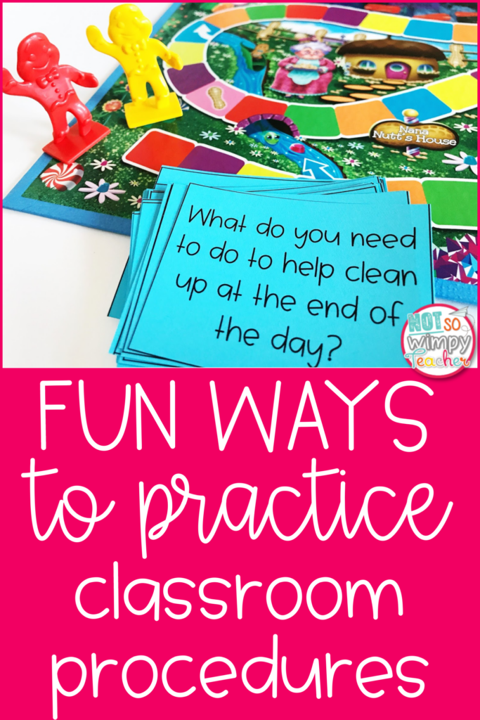 Image of a board game that says, "fun ways to practice classroom procedures".