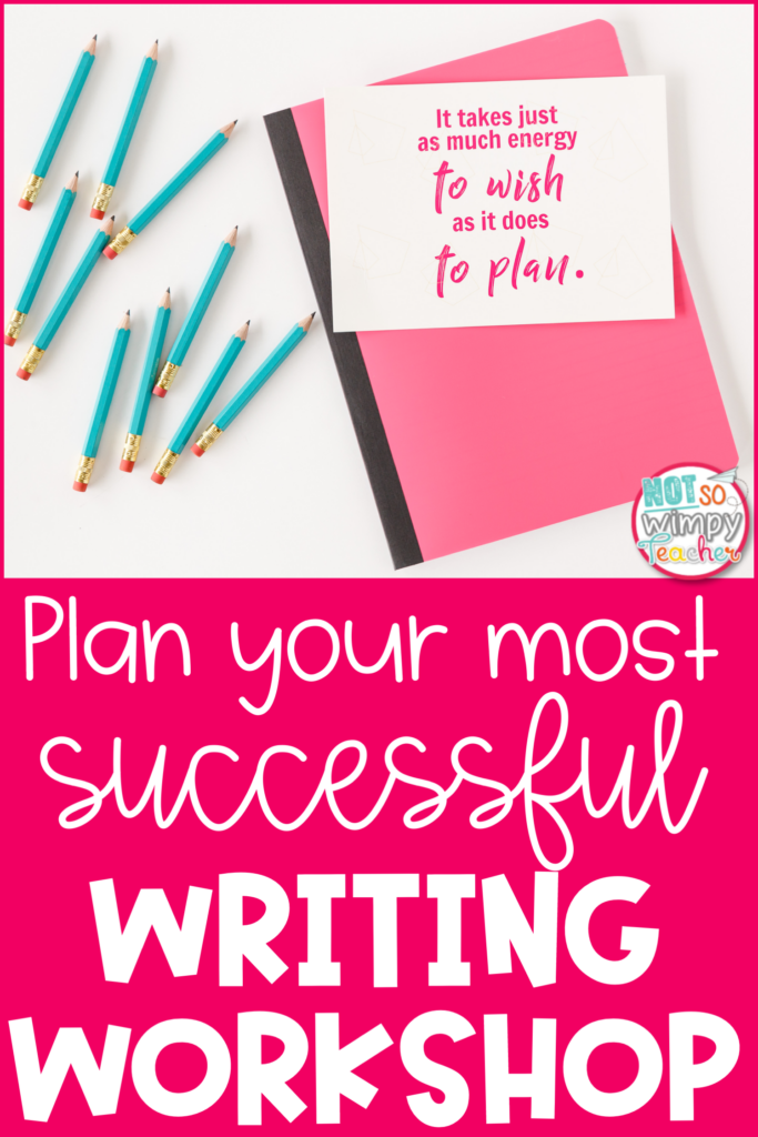 Image of composition notebook that says, "plan your most successful writing workshop".