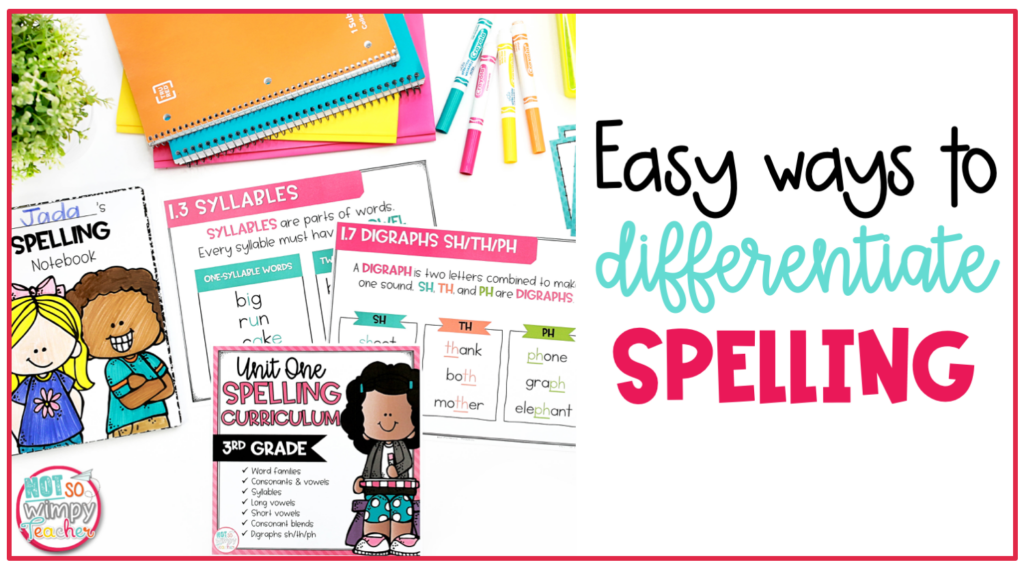Text says, "Easy way to differentiate spelling lessons". Image shows the spelling curriculum.