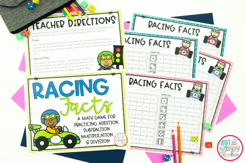 Image of racing math fact games using dice