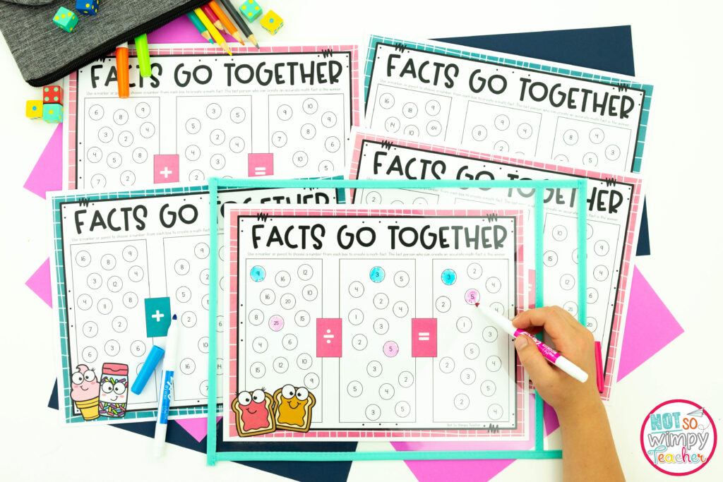 Image of a math fact game where students colors numbers on a chart