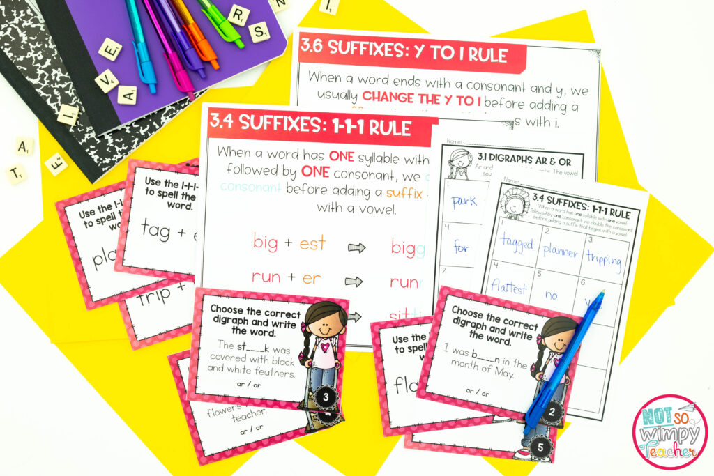 Image of spelling lessons over suffixes with uses task cards.