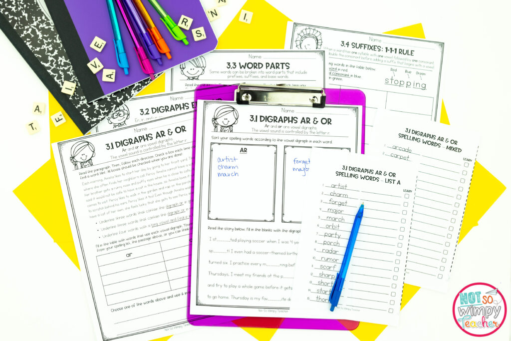 Image of spelling lists, spelling activities, with colorful pens and clipboards.