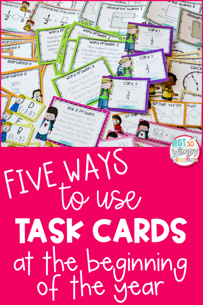 Image of task cards and text that says, "Five ways to use task cards at the beginning of the year."