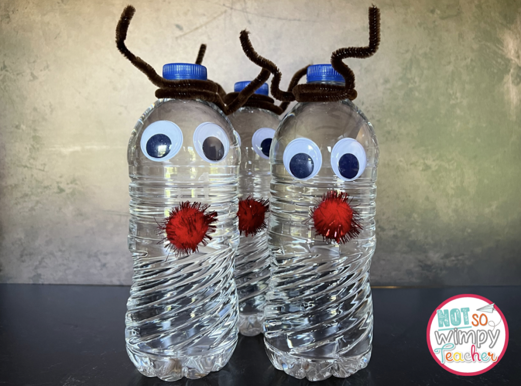 Rudolph water bottle with shiny red pompom noses, googly eyes, and pipe cleaner antlers