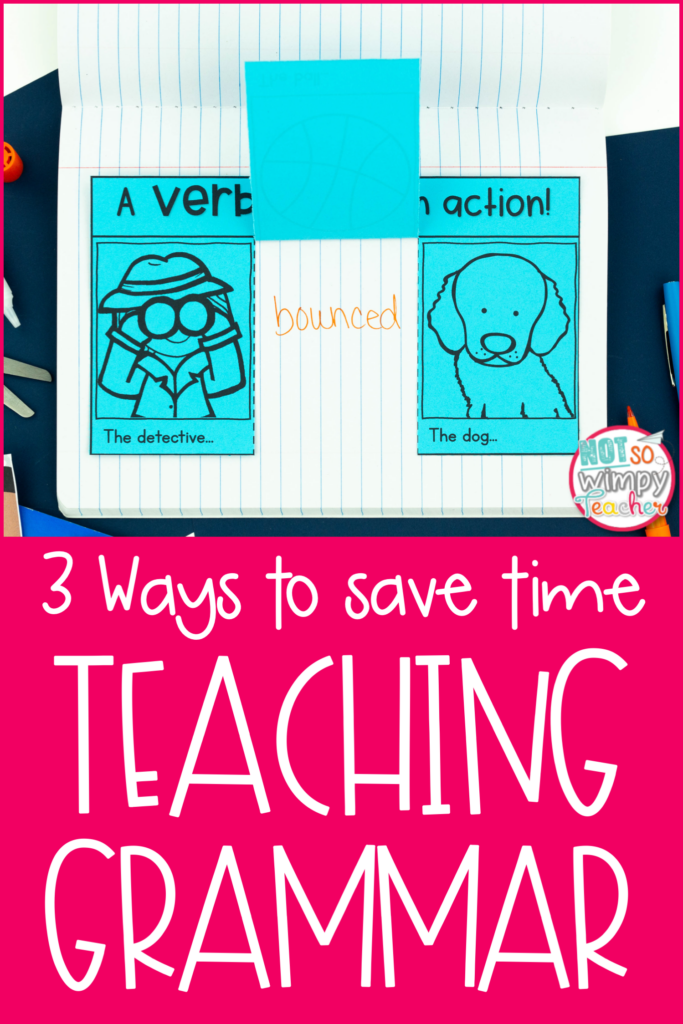 Image with a notebook that says "3 ways to save time teaching grammar."