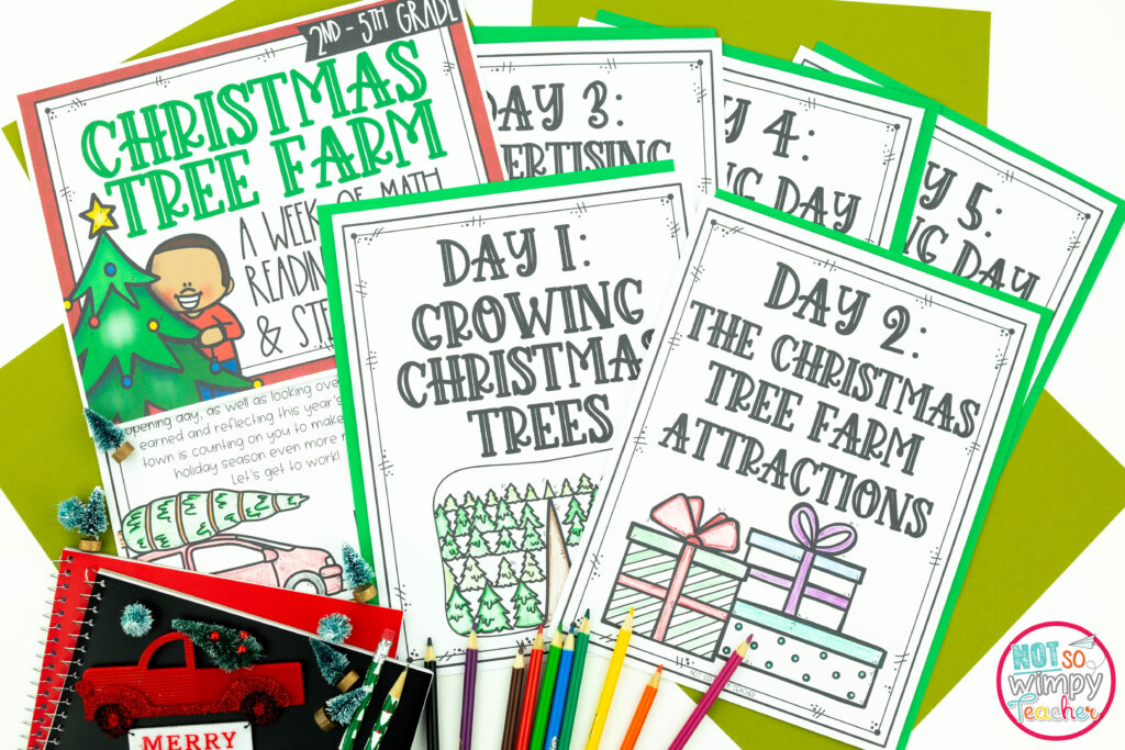 Image shows sample pages from the Christmas Tree Farm PBL resource. This is a great simple holiday activity to try with your class. 